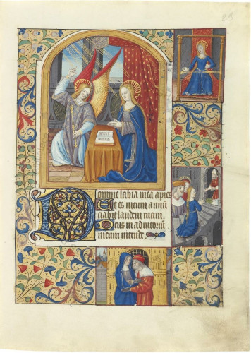 The start of Matins from f.23r of Vat.lat.3767. There is a large miniature of the annunciation in an arch at the center with 5 lines of text below.  To the right are 2 small miniatures of the life of the BVM and at bottom Anne and Joachim at the Golden Gate