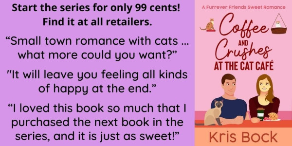 A cute book cover shows a man and woman at a cat cafe. Review quotes say: “Small town romance with cats ... what more could you want?”
"It will leave you feeling all kinds of happy at the end.”
“I loved this book so much that I purchased the next book in the series, and it is just as sweet!”