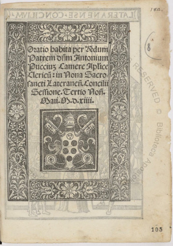 A printed title page for the Acts of the 5th Lateran Council, printed in the early 16th C. F.105r from Vat.lat.10825