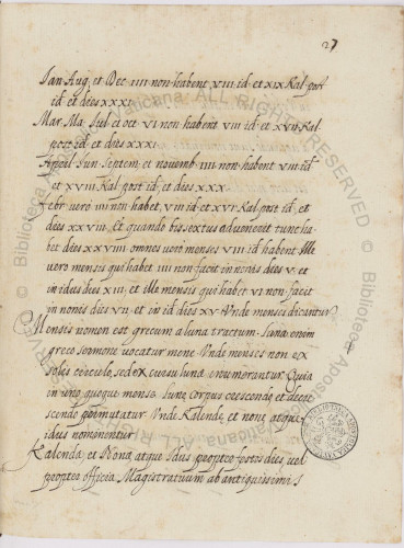 A page of late 17th C Italian cursive, no decorations. From Vat.lat.6462, f.27r