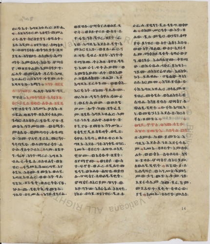 Three columms of Ethiopic (Ge'ez) script with occasional red titles interspersed. Cerulli.69 f.16r