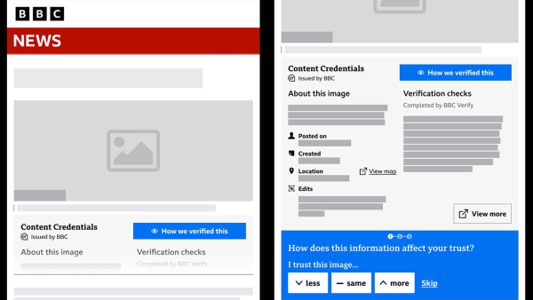 An illustration of how the content credentials notifications appear on articles - on the left a BBC News page with a section under the main image with details about the image and how it was verified.  On the right an example of how these details expanded on the page, which shows details of the verification checks and the publishing details.