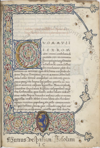 Vat.lat.10668 f.2r.  A page from Justin's abbreviation of Pompius Trogi's Historia. It is a single block of humanist script with a large white-vine initial C, and white vine borders on three sides.  At bottom is a heraldic shield with a rampant Lion