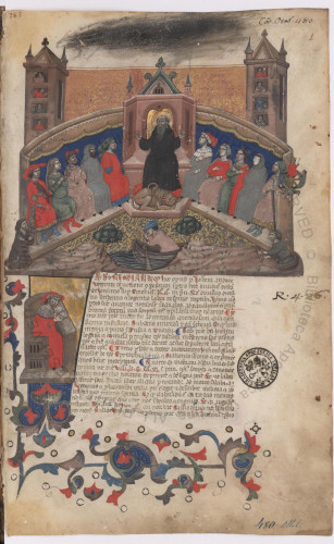p.1 from Ott.lat.480, the title page. It has a huge miniature at top with St. jerome sitting and lecturing a large number of seated figures.  At the bottom are about 15 lines of Italian gothic text with a border at left and bottom