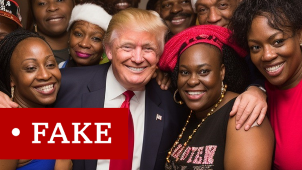 Generated image of Trump with black women, captioned "fake"