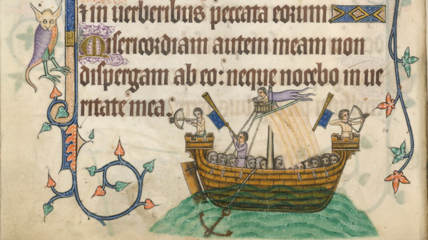 A manuscript page, part of psalm 88/89. In the lower margin, a ship of war lacking evident purpose or direction. The square mainsail is set, but an anchor is being dragged along in midwater. The lookout in the crowsnest is focussed on the rearview. Passive soldiers hunker glumly in the hull, with green & purple skintones & glum expressions suggesting a lack of enthusiasm for the waves lapping around. Vigorous blowing of large trumpets and a cornet suggest more sound than fury. In the left margin, a grotesque with owl-like body and long ears looks quizzically away.