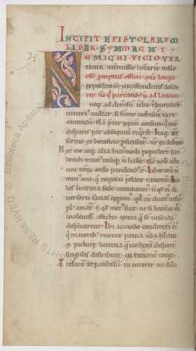 f.83v from Reg.let.1620.  A page of 12th C text in a single column beginning with three lines of alternating color letters.  A large capitol N starts the main text